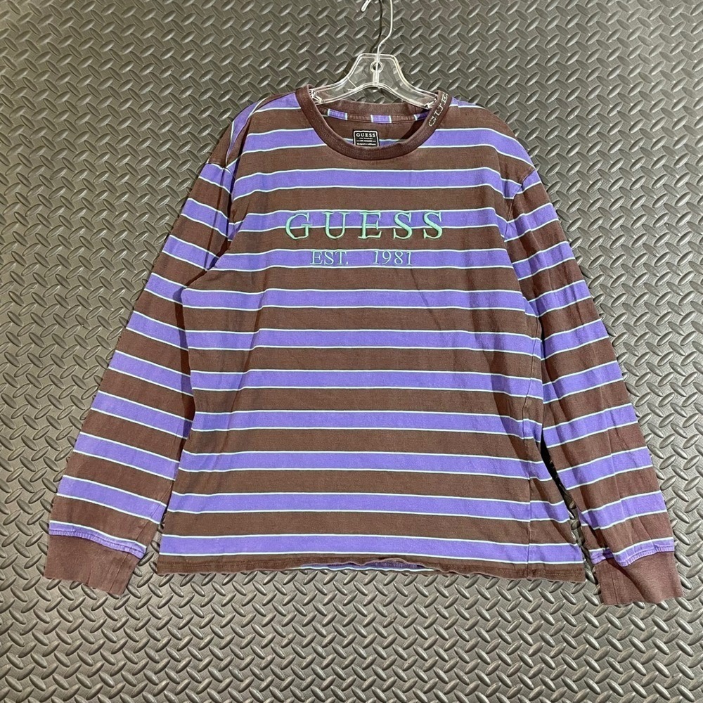 Vintage Y2K Guess Los Angeles Striped Long Sleeve Shirt Brown Purple Mens Large